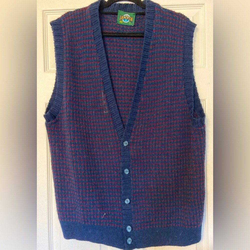 Vintage JANTZEN Button Sweater Vest Navy Blue Mens Size Large
